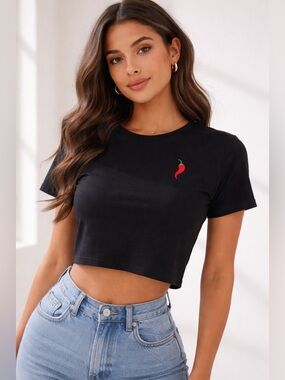Forever 21 Black Cropped Baby Tee Chili Pepper Graphic Fitted Top S